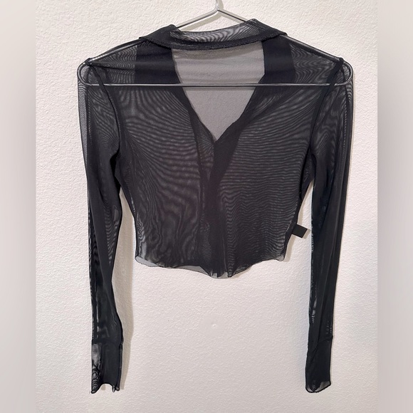 SHEIN Sheer Long Sleeve V-Neck Collared Mesh Black Crop Top EUC - Picture 2 of 9